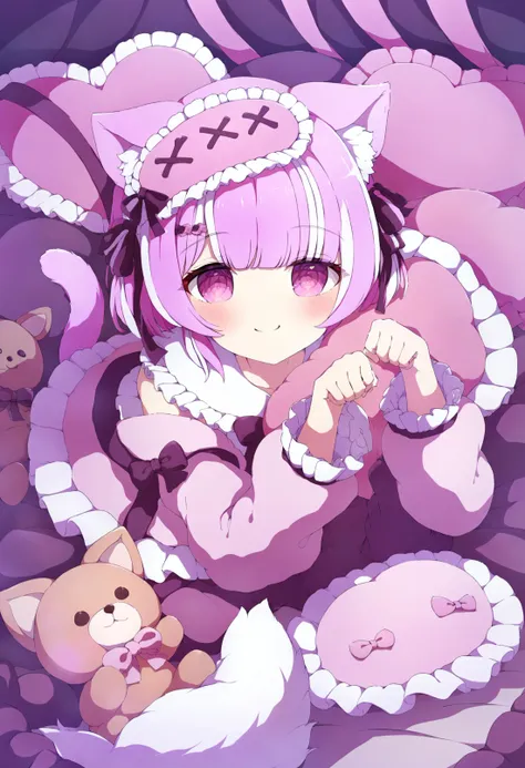 masterpiece, best quality,1girl, heart-shaped pillow, pillow, stuffed toy, animal ears, stuffed animal, tail, sleep mask, heart, cat ears, virtual youtuber, pink hair, solo, cat girl, cat tail, smile, multicolored hair, lying, streaked hair, frills, ribbon, on stomach, frilled pillow, teddy bear, pink eyes, blush, looking at viewer, short hair, jacket, animal ear fluff, white hair, long sleeves, closed mouth, paw pose, mask  <lora:ã¡ãã¿ã¾ãXLlokr4f-000186:0.95>