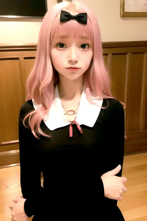 top-quality, 8K, ultra-detailliert, Photorealsitic, Beautiful face, Anime girl with pink hair and green eyes、Childlike smile、(1girl in:0.992)、(:D:0.583)、(bangss:0.701)、(red blush:0.584)、(verd s eyes:0.992)、(Look at viewers:0.711)、(Opening Mouth:0.760)、(A pink-haired:0.917)、(bow ribbon:0.826)、(shorth hair:0.571)、(A smile:0.855)、(独奏:0.949)、(tusk:0.770)、 (The upper part of the body:0.760), Fidget pose, 10yaers old, Japan Faces, kawaii faces
