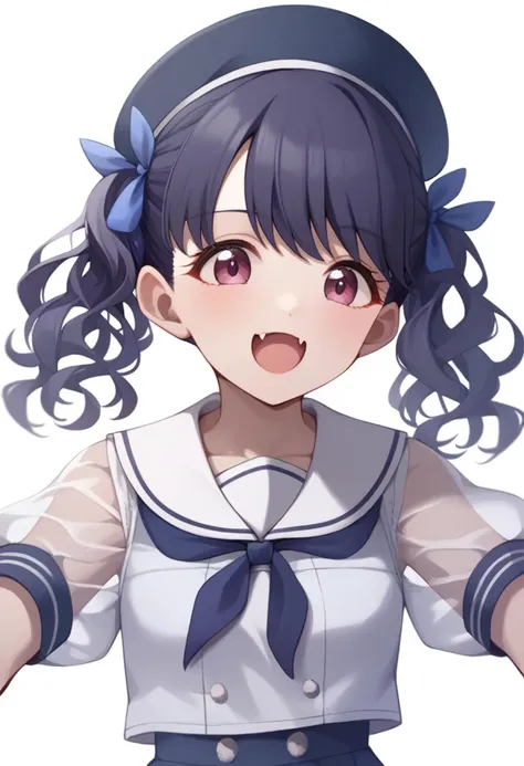 score_9,score_8_up,score_7_up,<lora:fukumaru_koito_pony:1>,1girl, upper_body, neckerchief, see-through_sleeves, sailor_collar, white_background, fukumaru_koito, open_mouth, commentary_request, looking_at_viewer, solo, hair_ribbon, sailor_hat, highres, skin_fangs