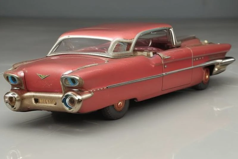 (photorealistic, 4k, 8k, uhd), <lora:Tin_Toy_Cars:1>, tintoycar:1, manufactured in Germany, friction drive with key, 1959 Cadillac in the style of George Barbaz, rust, scratches, dents, glossy paint, faded plastic lights, missing or lost parts, cracked plastic, uneven gaps<lora:loraAnalogOrdinary_loraFile:1>
