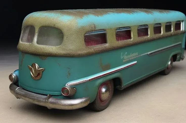 (photorealistic, 4k, 8k, uhd), a tintoycar, manufactured in 1950, <lora:Tin_Toy_Cars:0.8>, Greyhound Scenicruiser Bus, contures are lithographic print, scratches, dents, heavily used, chipped paint, faded plastic lights, background is a sand pit,  <lora:loraAnalogOrdinary_loraFile:1>