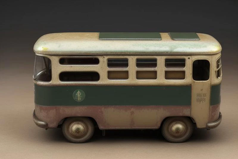 (photorealistic, 4k, 8k, uhd), a tintoycar, manufactured in 1950, <lora:Tin_Toy_Cars:0.8>, (french trolley Bus, dark green paint with white and beige lithographic print), scratches, dents, heavily used, chipped paint, faded plastic lights, background is a sand pit,  <lora:loraAnalogOrdinary_loraFile:1>