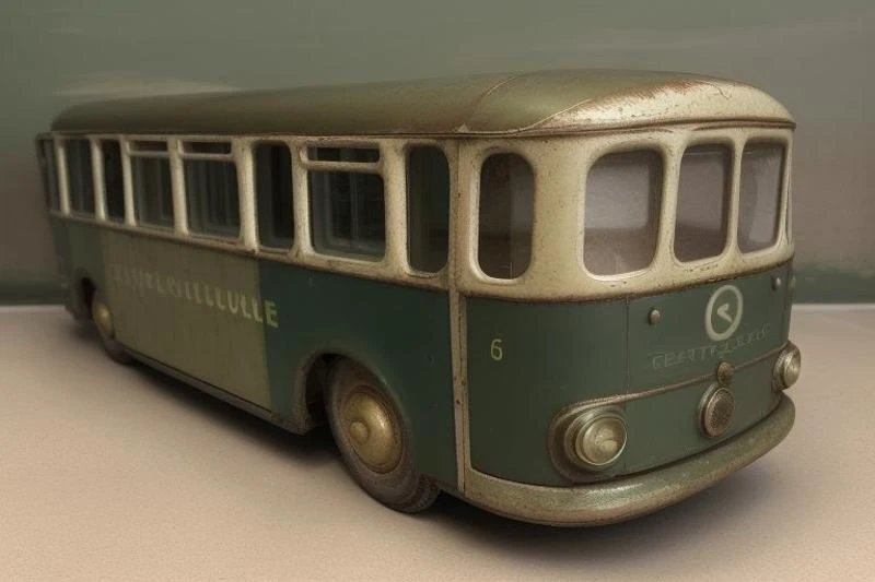 (photorealistic, 4k, 8k, uhd), a tintoycar, manufactured in 1950, <lora:Tin_Toy_Cars:0.8>, (french trolley Bus, dark green paint with white and beige lithographic print), scratches, dents, heavily used, chipped paint, faded plastic lights, background is a sand pit,  <lora:loraAnalogOrdinary_loraFile:1>