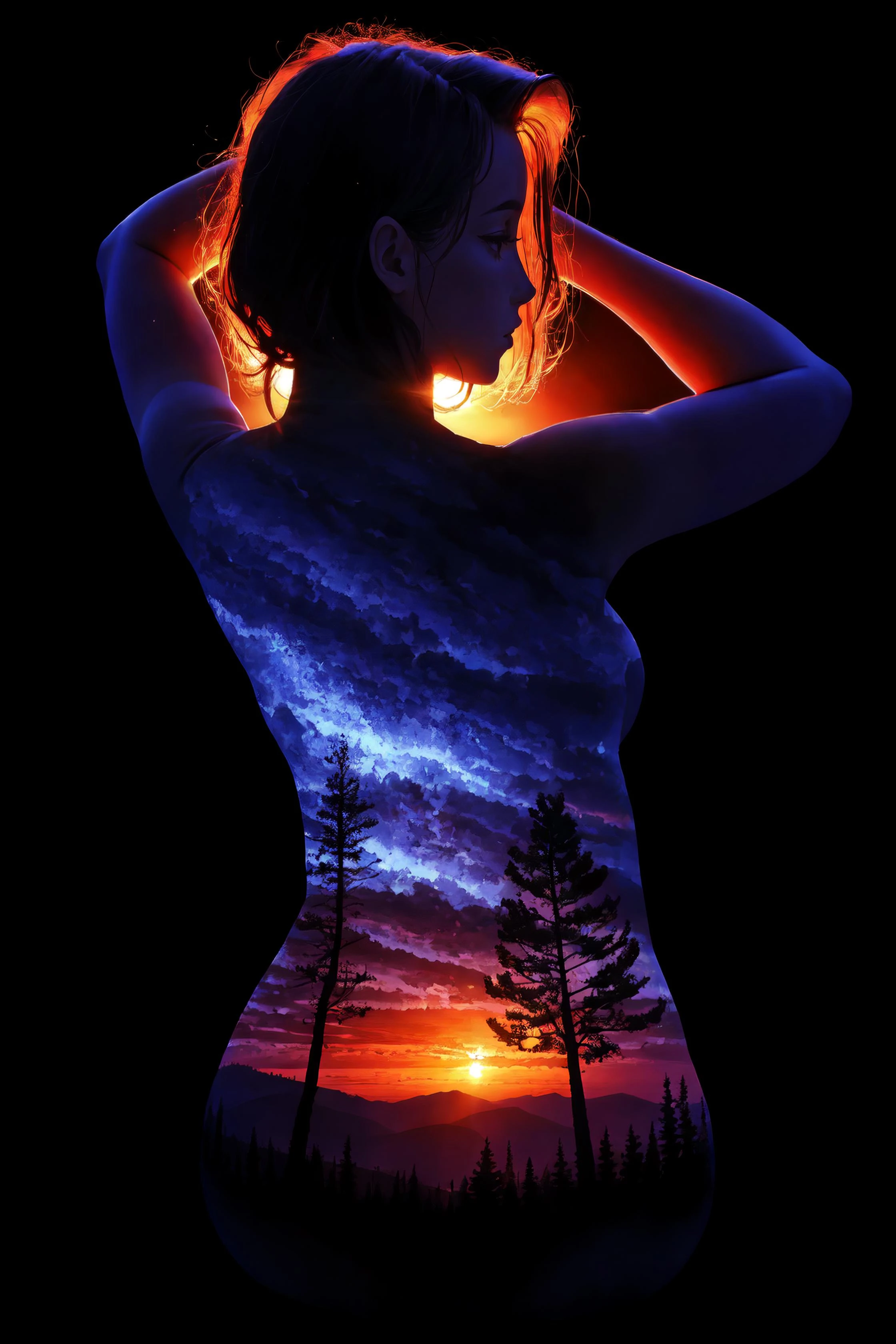masterpiece, best quality, ultra high res, beautiful, visually stunning, elegant, incredible details, <lora:w0rld - World Inside Body-000011:0.65>, w0rld, 1girl, (black background:1.2), simple background, dynamic pose, sunset, forest, trees, scenery,