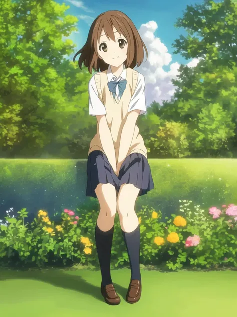 1girl, solo, brown hair, brown eyes, detailed eyes, detail, flower meadow, cumulonimbus clouds, lighting, detailed sky, garden, full body, school uniform, dress, black long legwear, smile, (masterpiece), best quality, ultra high res, look at viewers