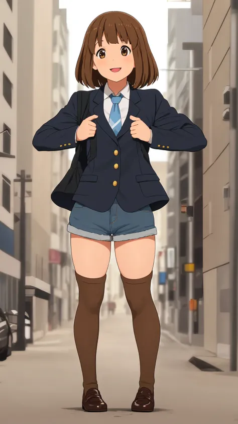 1girl, , brown hair, brown eyes, (over knee socks:1.4), school uniform, (denim shorts), blazer, bangs, genuine, highly detailed, happy, smiling, full body, standing, <lora:hirasawaYui_yuiVer1:0.6>