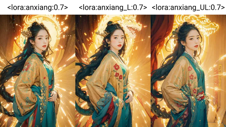 (best quality, masterpiece, intricate details, realistic:1.3), epic chinese folk art, solo, (chinese dragon:1.25), close-up, 1girl, green flames hanfu, hands in pockets, (visible aura of power:1.1), long hair, messy long green hair, golden light, light tracks, cinematic light, cinematic shadows, wind tracks, film grain, (vivid colors, colorful:1.2), (abstract golden background:1.15) <lora:anxiang:0.7>