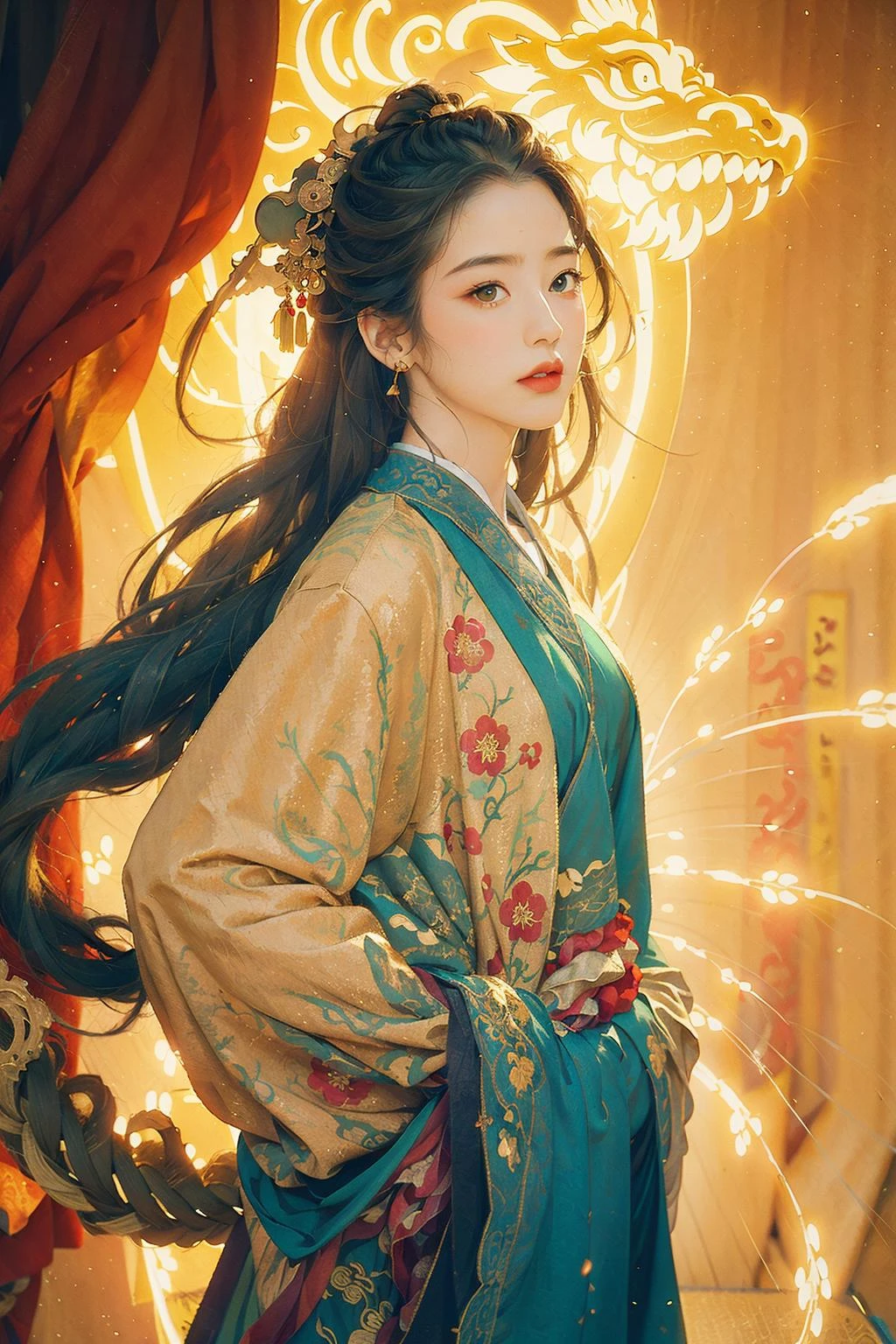 (best quality, masterpiece, intricate details, realistic:1.3), epic chinese folk art, solo, (chinese dragon:1.25), close-up, 1girl, green flames hanfu, hands in pockets, (visible aura of power:1.1), long hair, messy long green hair, golden light, light tracks, cinematic light, cinematic shadows, wind tracks, film grain, (vivid colors, colorful:1.2), (abstract golden background:1.15) <lora:anxiang_UL:0.7>