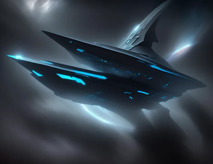 <lyco:DonMWr41th-000013:1.0> DonMWr41th space ship, sleek, sharp edges, elongated, darkness, fog, detailed