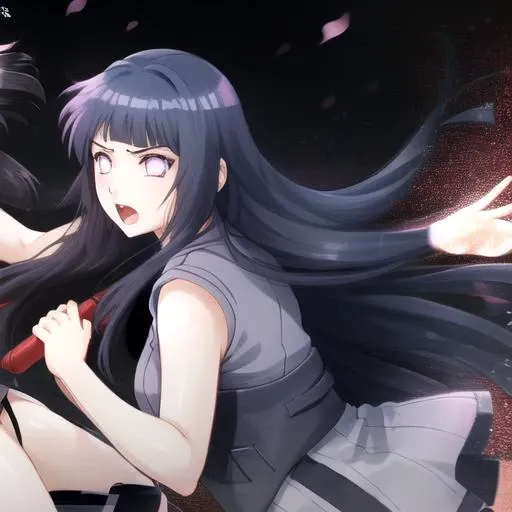 <lora:hinata-05:1>, hyuugahin, light gray top, dark long hair, blue eyes, 1girl, fighting, v eyebrows, open mouth