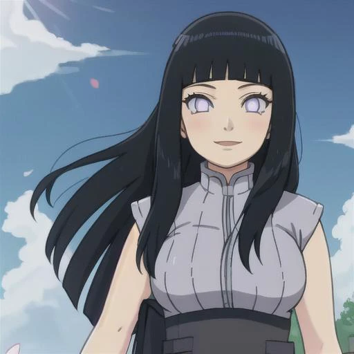 <lora:hinata-05:1>, hyuugahin, light gray top, "black long hair", blue eyes, 1girl, blunt bangs, masterpiece, smile