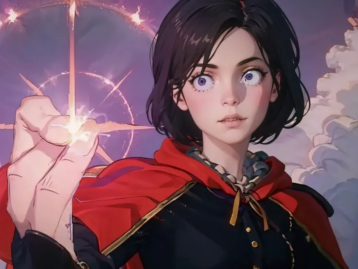 High Quality, Masterpiece, IncrsPurple, <lora:HollowPurpleMemeV2:1.1>, glowing:1.3, purple background, upper body, <lora:Degen-Syanna:0.5> syanna, short hair, red capelet