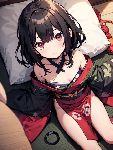 (big red eyes girl:1.1), black hair, kimono, flat chest, room, from above,  (2d line:1.3), <lora:boldline2:1>
