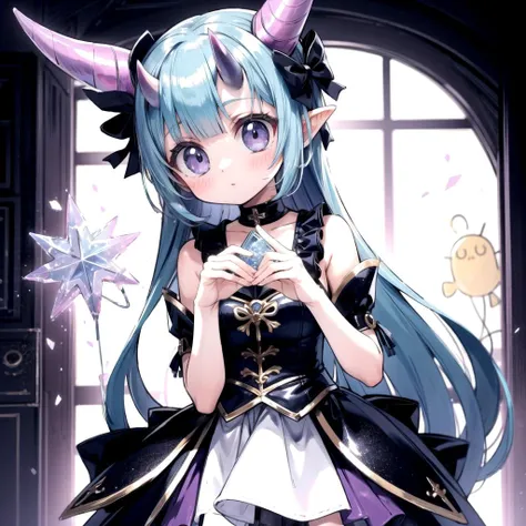 magical girl, pastry box, oni horns, holographic clothing, don't forget me please,