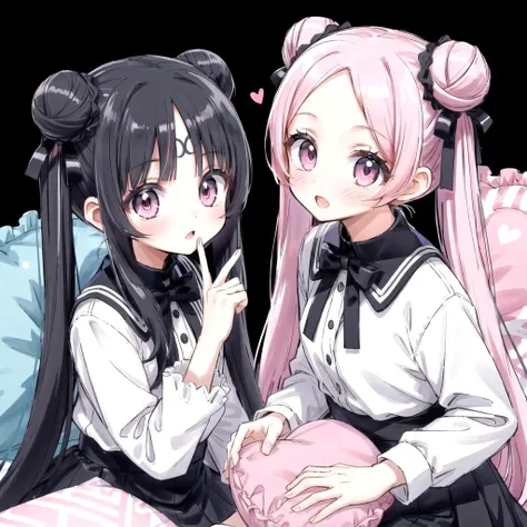 2girls_A_and_B, mksks style, best aesthetic, A girl has forehead, forehead mark, drill hair, pink hair, pink eyes, heart pillow, B girl has twintails, black hair, black eyes, double bun,