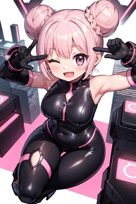 [((white background)),::3], isometric, best quality, black single_hair_bun, black eyes, black and pink high_heel_boots,1girl, pink neon cyberpunk city, plump, bodysuit, :d, raised eyebrow, from above, one eye closed, arm up, skin fang, double v, sleeveless, elbow gloves,