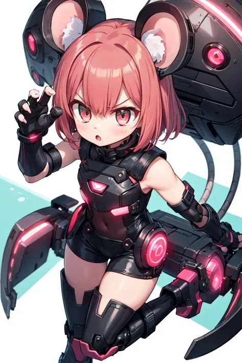 [((white background)),::3], isometric, best quality, red (short hair), brown eyes, mouse ears, round_eyewear, mechanical legs, doll joints,  black and red high_heel_boots,1girl, pink neon cyberpunk city, bodysuit, :o, from above, sleeveless, elbow gloves, mechanical_tail, claw pose, angry, fingerless gloves,