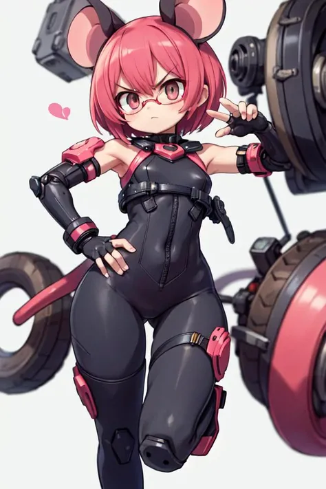 [((white background)),::3], isometric, best quality, red (short hair), brown eyes, mouse ears, round_eyewear, mechanical legs, doll joints,  black and red high_heel_boots,1girl, pink neon cyberpunk city, bodysuit, frown, from above, sleeveless, elbow gloves, mechanical_tail, hand on hip, angry, fingerless gloves,  [<lyco:EnvyCuteMix15:0.45>:10], looking at viewer,