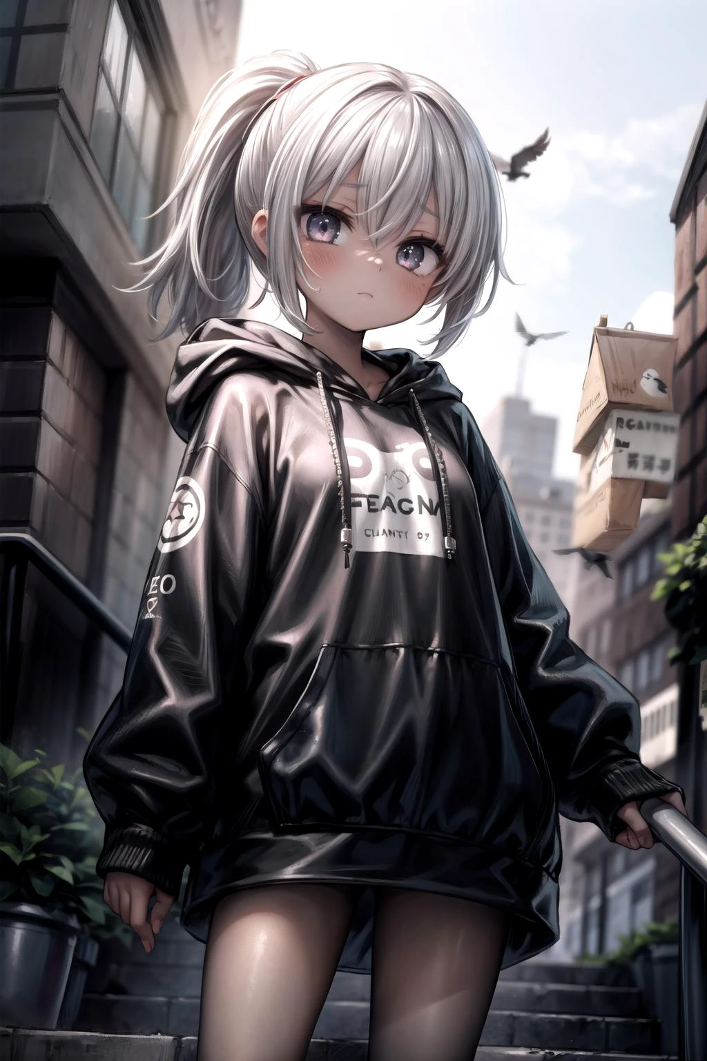 1girl, bandeau, bangs, bird, city, closed_mouth, counting, dark-skinned_female, dark_skin, day, expressionless, grey_hair, hair_between_eyes, hood, looking_at_viewer, outdoors, pigeon, ponytail, solo,
<lora:more_details:0.4>