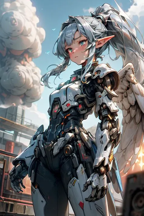 (best quality:1.2) (4k:1.) (very high resolution:1.1) , (realistic photograph:1.1) , (ultra detailed CG:1.1) ,
1girl elf , mecha girl , solo , (detailed face:1) , (small breasts:1) , (silver ponytail:1) ,
<lora:Mecha:1> (mecha:1) , armor , holding weapon , glowing , machine made joints , mecha body , mechanical wings , from below , expressionless , big explosion in battlefield , blue sky , black smoke , science fiction