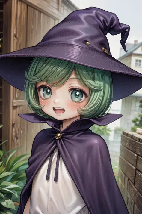 masterpiece,best quality,(chibi:1.3),1girl,Schierke,green eyes,green hair,short hair,witch,hat,witch hat,purple headwear,cape,cloak,smile,open mouth,<lora:Concept-control tool-add_detail-CyberAIchemist:0.8>,<lora:Schierke:0.6>,