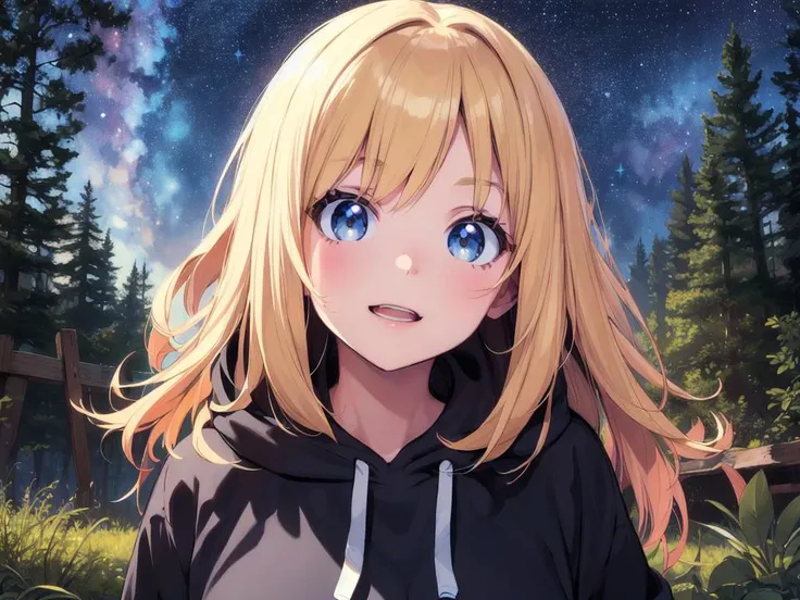 big eyes girl, blonde hair, hoodie, (starry:1.2) sky, forest, photorealistic (background:1.3),