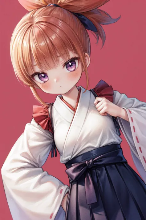 masterpiece,best quality,highest detailed,1girl,zzRika,purple eyes,orange hair,ponytail,short hair,miko,japanese clothes,red hakama,wide sleeves,white kimono,ribbon trim,hakama skirt,expressionless,blush,(multicolored background),dutch angle,<lora:Concept-control tool-add_detail-CyberAIchemist:0.9>,<lora:Rika_Digimon:0.8>,