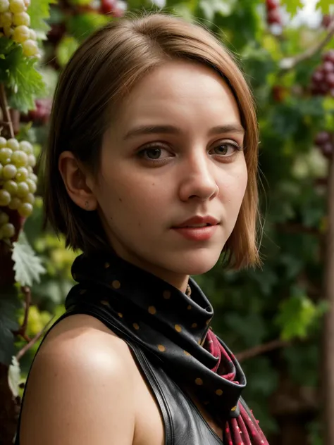<lora:add_detail:1> ZM_michelle (Art Photography, Award Winning) (skinny), (Sweeping vineyard with rows of grapevines) (wearing leather, vest, pencil skirt, dark red polka dots print scarf) (Short golden pixie with side fringe hairstyle) by Steve McCurry, perfect teeth, 35mm, F/2.8, ((Photo Focus, DOF, Aperture, insanely detailed and intricate, character, hypermaximalist, beautiful, revealing, appealing, attractive, amative, hyper realistic, super detailed))(DOF, blurry background), Determined facial expression