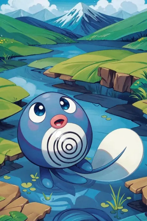 solo, <lora:Poliwag_Pokemon_Anime:1>, Poliwag_Pokemon, outdoors, pond, reeds, mountain, <lora:add_detail:0.7>,