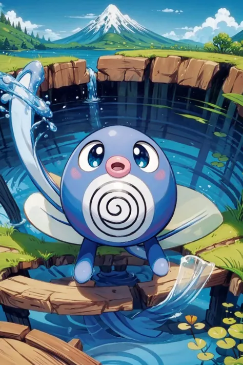 solo, <lora:Poliwag_Pokemon_Anime:1>, Poliwag_Pokemon, outdoors, pond, reeds, mountain, <lora:add_detail:0.7>,