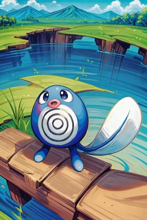solo, <lora:Poliwag_Pokemon_Anime:1>, Poliwag_Pokemon, outdoors, pond, reeds, mountain, <lora:add_detail:0.7>,