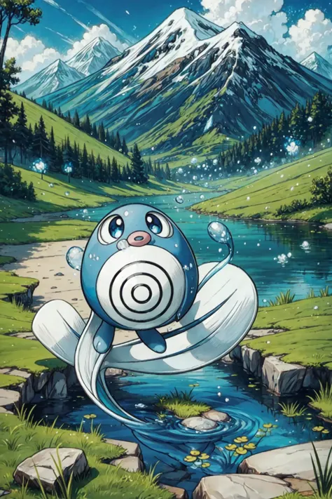 solo, <lora:Poliwag_Pokemon_Anime:0.8>, Poliwag_Pokemon, outdoors, pond, reeds, mountain, <lora:add_detail:0.7>, <lora:tachi-e:1>, white background, full body,