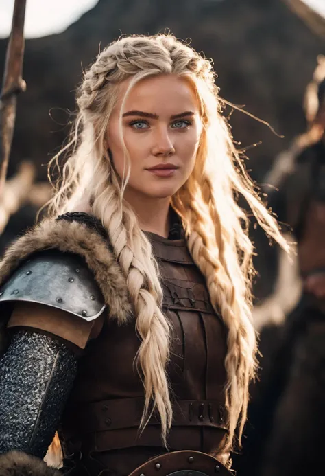 cinematic photography of a beautiful 25 year-old eva_vlaardingerbroek, dressed as a viking shield maiden, fierce expression, braided hair, metal armor, furs, Valhalla background, beautiful lighting, sharp focus, 8k, high res, (pores:0.1), (sweaty:0.8), Masterpiece, Nikon Z9, Award-winning photograph, 35mm photograph, film, bokeh, professional, 4k, highly detailed, <lora:eva_v_50:0.8>