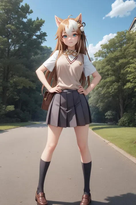 masterpiece, best quality, high quality, full body, outdoors, looking at viewer, 1girl, hand on hip, <lora:hina-fi-09:1.0>, hina-fi, two-tone hair,tokiwadai school uniform,  <lora:tokiwadai_school_uniform:1>