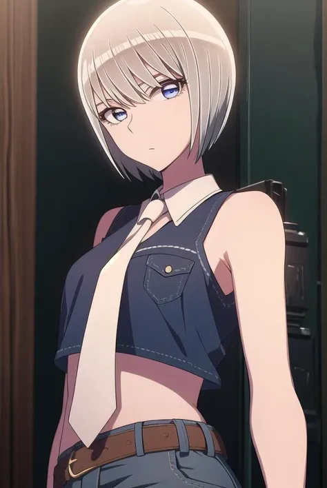 eleonore, <lyco:eleonore-lyco-nochekaiser:1>,
eleonore, short hair, white hair, (white eyes:1.5),
BREAK bare shoulders, sleeveless, belt, pants, crop top, denim, jeans, necktie, collared shirt,
BREAK looking at viewer,
BREAK indoors,
BREAK <lora:GoodHands-vanilla:1>, (masterpiece:1.2), best quality, high resolution, unity 8k wallpaper, (illustration:0.8), (beautiful detailed eyes:1.6), extremely detailed face, perfect lighting, extremely detailed CG, (perfect hands, perfect anatomy),
