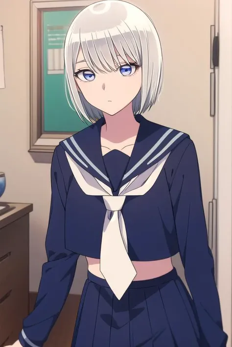 eleonore, <lyco:eleonore-lyco-nochekaiser:1>,
eleonore, short hair, white hair, (white  eyes:1.5),
BREAK skirt, school uniform, serafuku, socks, blue shirt, blue skirt, white necktie, long sleeves,
BREAK looking at viewer,
BREAK indoors,
BREAK <lora:GoodHands-vanilla:1>, (masterpiece:1.2), best quality, high resolution, unity 8k wallpaper, (illustration:0.8), (beautiful detailed eyes:1.6), extremely detailed face, perfect lighting, extremely detailed CG, (perfect hands, perfect anatomy),