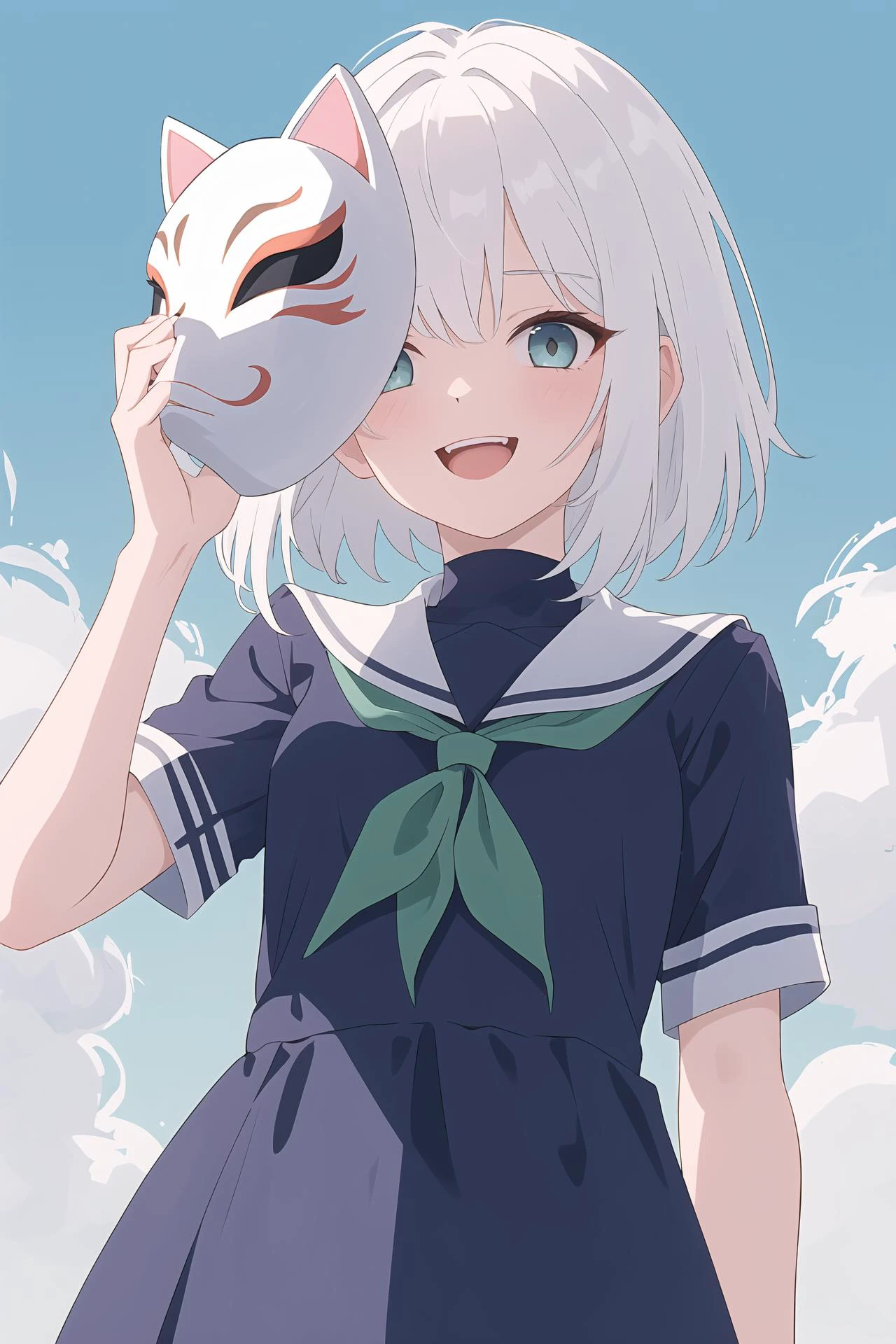 (best quality, masterpiece, highres),1girl,solo,white hair,contempt,laughing,
frog cut men's hair,student,summer_uniform,dynamic_angle,looking down,looking at viewer,
<lora:holding mask_v2:1>,mask on hand,covering face,cat mask,