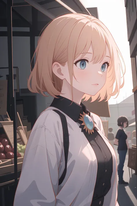 (best quality, masterpiece, highres),1girl,solo,undercut,brooch,shirt_removed,portrait,dynamic_angle,market,