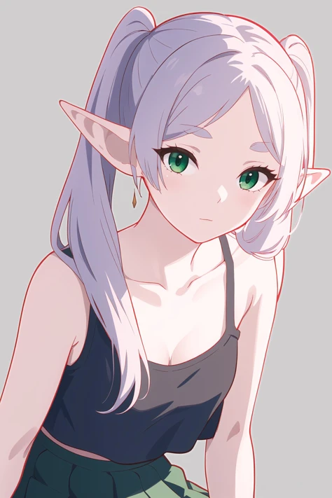 (best quality, masterpiece, highres),1girl,solo,closed mouth,summer skirts,tank_top,portrait,canon ef 16-35mm,dynamic_angle,simple background,
<lora:frierenv2-lora-nochekaiser:1>,frieren,long hair,twintails,green eyes,grey hair,pointy ears,elf,