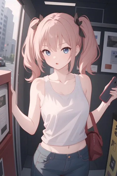 (best quality, masterpiece, highres),1girl,solo,uneven twintails,tank top,t-shirt,pov hands,dynamic_angle,phone booth,