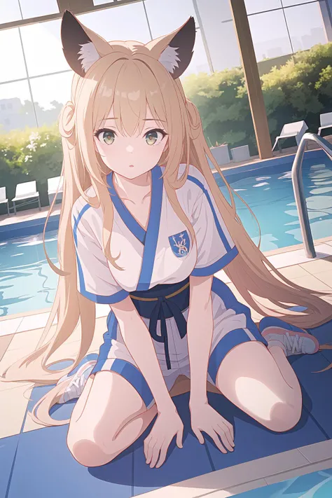 (best quality, masterpiece, highres),1girl,solo,volume hair extensions,sneakers,obi,facing viewer,dynamic_angle,poolside,