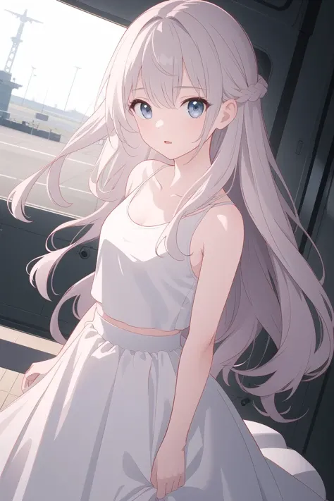 (best quality, masterpiece, highres),1girl,solo,very long hair,tank top,ballgown,cropped arms,dynamic_angle,airfield,