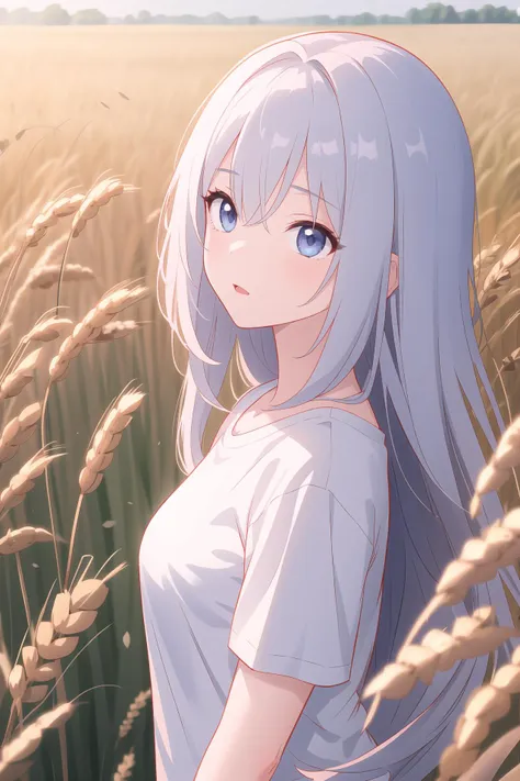 (best quality, masterpiece, highres),1girl,solo,shouten pegasus mix mori,ring,t-shirt,eye contact,dynamic_angle,wheat field,