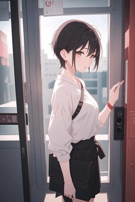 (best quality, masterpiece, highres),1girl,solo,mizura,earrings,clothes_tug,eye contact,dynamic_angle,phone booth,
