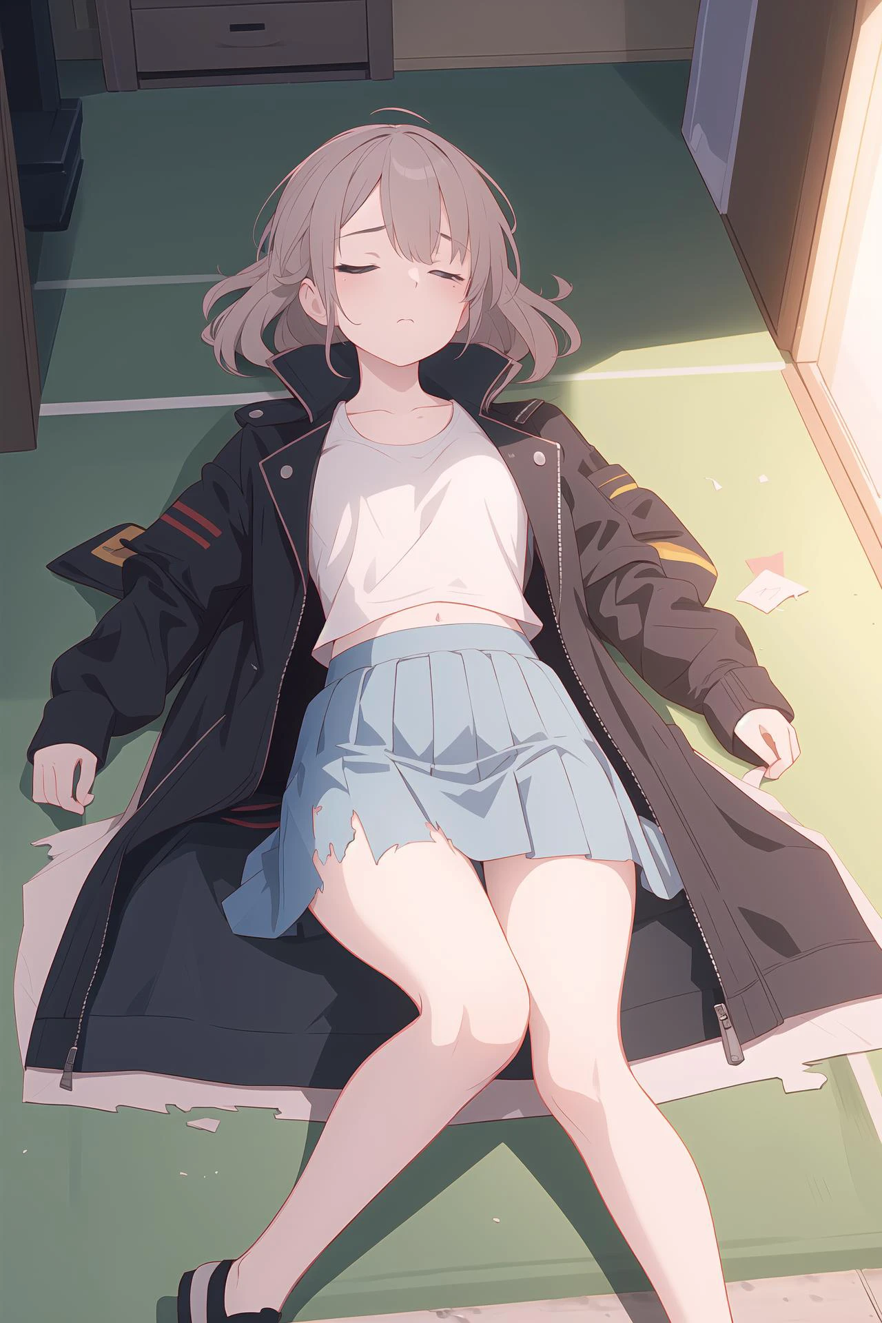 (best quality, masterpiece, highres),1girl,solo,exhausted,torn clothes,fallen down,quiff,summer skirts,loating_jacket,on floor,