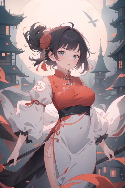 (best quality, masterpiece, highres),1girl,solo,hair over breasts,wrap dress,puffy_sleeves,facing viewer,floating city,
<lora:cnd_test_v01:0.6>,cndstyle,chinese clothes,