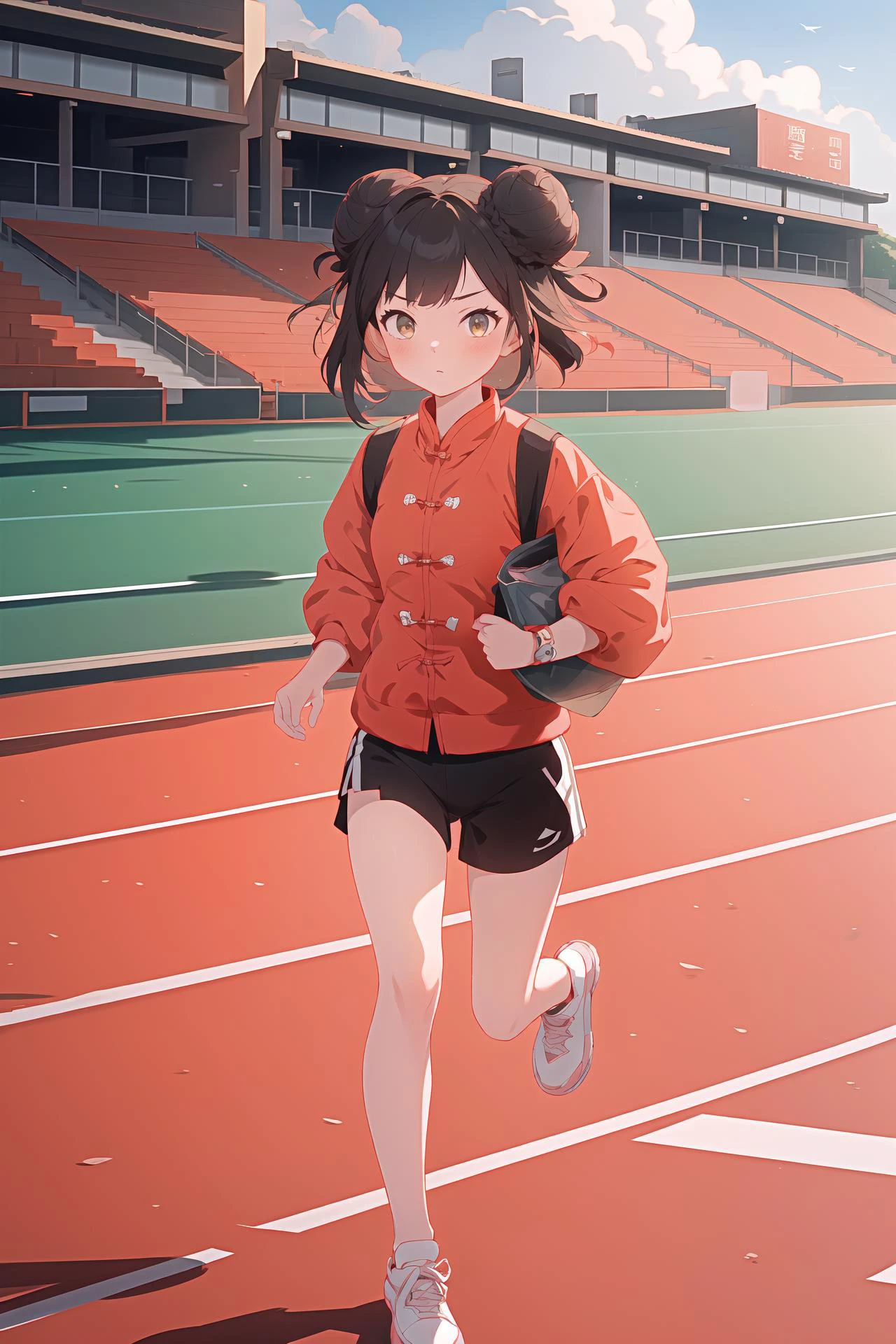 (best quality, masterpiece, highres),1girl,solo,triple bun,beach bag,undersized_clothes,staring,running track,
<lora:cnd_test_v01:0.6>,cndstyle,chinese clothes,