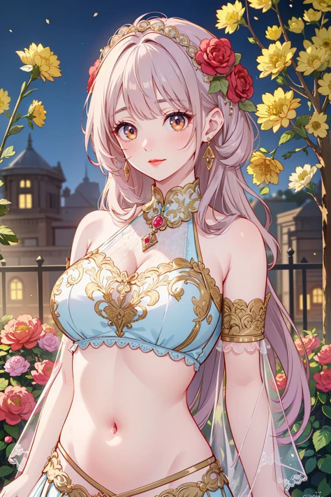 (masterpiece:1.5), (((top quality, best quality, high quality))), ((intricately detailed, ultra-detailed, insanely detailed)), highres, 32K, extremely detailed unity CG 8K wallpaper, (beautiful and aesthetic:1.2),, (depth of field:1.3), (immaculate:1.3), (delicate detailed depiction:1.4), (photorealistic:1.4), (surrealism:1.3),
((brilliant full lighting, luscious colors)),   (illustration of an otherworldly beautiful woman:1.3),
(upper body:1.4), (perfectly centered:1.4), (natural willowy posture:1.5), (((dynamic pose, cinematic angle))),
(1girl:1.5), (mature female:1.4), (exotic dancer:1.5),
beautiful gorgeous face, [(detailed face:1.2):0.2], bright eyes, pureerosface_v1, ulzzang-6500-v1.1,  (closed mouth:1.5), (red lips:1.4), (puffy thick full lips:1.4), (slight smile:1.3),
attractive flawless body, (((pronounced feminine curves))), bright glistening skin, realistic skin, skin pores, (voluptuous:1.5), (((toned belly,  navel, groin:1.3, skindentation))), narrow waist,
(oriental garments:1.3), (explicit costume:1.5), (ornate glittering breast curtains:1.5), (ornate Arabian saree:1.5), (((fluttering golden fabricated threads))), (fringed tassels:1.3), (long detached puffy sleeves:1.4), (detached collar), (fabrication glitters:1.5), (luxury intricate clothing jewelries:1.5), (jeweled embroideries:1.4), (clothing sparkles:1.4), (sparkling particles:1.3), (stilettos:1.5), (((sagging front seam, sagging hind seam))), (((earrings, armlets, hair ornaments))),
(walking in a huge garden decorated with roses and chrysanthemums and lilies:1.5), (ancient fantasy world:1.5), (surreal delicate background:1.5), (intricate complex scene:1.5), (magnificent landscape:1.5), (brilliant volumetric background lighting:1.5),<lora:detail_slider_v4:1.8>, <lora:naughty_to_nice_v2.5:1.75>