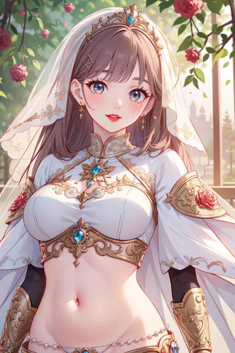 (masterpiece:1.5), (((top quality, best quality, high quality))), ((intricately detailed, ultra-detailed, insanely detailed)), highres, 32K, extremely detailed unity CG 8K wallpaper, (beautiful and aesthetic:1.2),, (depth of field:1.3), (immaculate:1.3), (delicate detailed depiction:1.4), 
((brilliant full lighting, luscious colors)), (illustration of an immensely beautiful lady:1.3),
(upper body:1.3), (perfectly centered:1.4), (natural willowy posture:1.5), (((dynamic pose, cinematic angle))),
(1girl:1.5), (mature female:1.4), (bride:1.4), (solo:1.5),
beautiful gorgeous face, [(detailed face:1.2):0.2], bright eyes, pureerosface_v1, ulzzang-6500-v1.1, (closed mouth:1.5), (red lips:1.4), (full lips:1.4), (smile:1.5),
attractive flawless body, (((pronounced feminine curves))), bright glistening skin, realistic skin, skin pores, (voluptuous:1.5), (((toned belly, navel, groin:1.3))), narrow waist, 
(bridal attire:1.5), (ornate glittering wedding dress:1.5), (ornate bridal gauntlets:1.5), (((fluttering bridal veil))), (fringed tassels:1.3), (((bows, frills))), (long puffy sleeves:1.4), (detached (pearl:1.5) collar), (fabrication glitters:1.5), (luxury intricate clothing jewelries:1.5), (jeweled embroideries:1.4), (clothing sparkles:1.4), (sparkling particles:1.3), (((sagging front seam, sagging hind seam))), (((earrings, hairclip, hair ornaments, tiara))), <lora:venus_bikini_v0.1:0.65>,
(walking down the aisle through beautiful bushes of rose:1.5), (outdoors garden:1.5), (fantasy:1.5), (surreal delicate background:1.5), (intricate complex scene:1.5), (magnificent landscape:1.5), (brilliant volumetric backlighting:1.5),<lora:detail_slider_v4:1.8>,