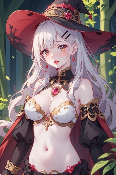 (Best quality at best,4K,8K,A high resolution,tmasterpiece:1.2), ultra - detailed, (actual,realistically,realistically:1.37), Cute big breasts, fgo Miss Avalon, Elf Girl, Three no girls,hip is cocked,a pink eyes,Long ears, White hair, White skin of the, Willow waist,Aviator,The background is a fantasy city, Pink and white plug set,white clothes, White gorgeous one-piece swimsuit,White boots, short-length straighthair, Cute makeup, Green-eyed, face expressionless, Gray-haired girl, beuaty girl, Moderate chest size, The content is very detailed, actual, Fantasyart, Silver high-cut one-piece swimsuit armor, pink and white gloves,long white cloak,long white cloak,rays of moonlight, Neck and head silver jewelry, White and pink witch hat, Witch Staff